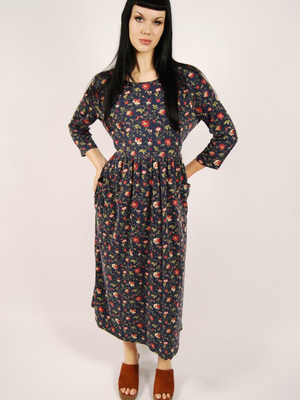 Y2K Floral Maxi Dress (L) large blue vintage 3/4 sleeve twee boho cottage cute